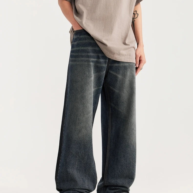 Washed Whiskered Wide Leg Jeans