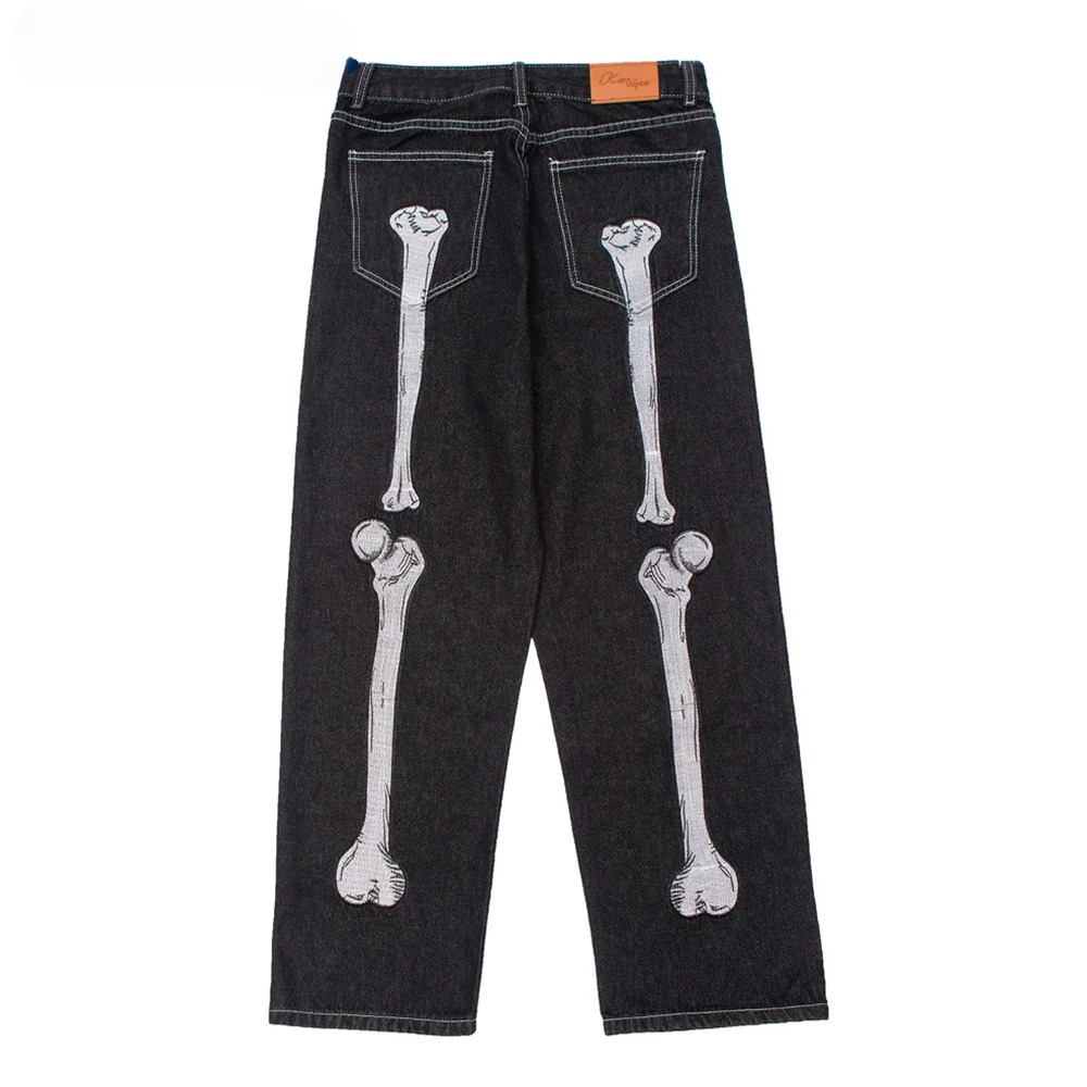Skeleton Hand Embroidery Wide Leg Jeans